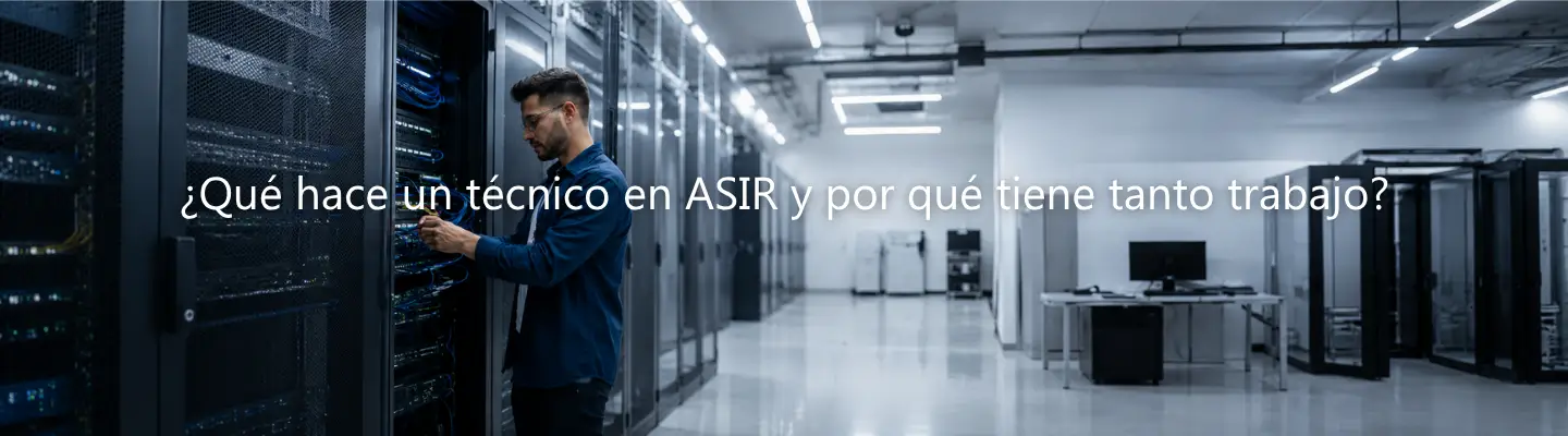 Técnico ASIR revisando conexiones de red en un armario de servidores dentro de un moderno centro de datos.