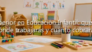 Mesa de madera con juguetes didácticos y lápices en aula de Técnico Superior en Educación Infantil.