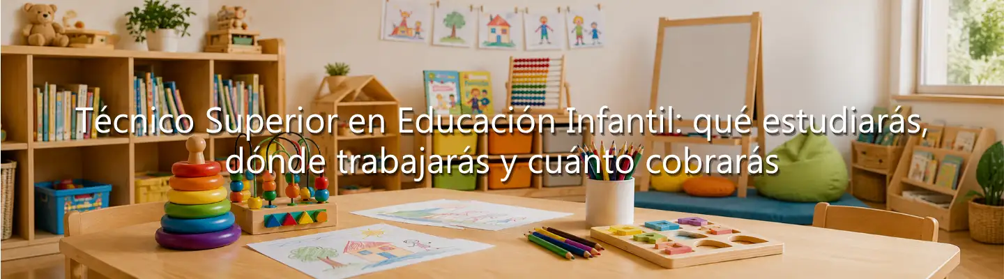 Mesa de madera con juguetes didácticos y lápices en aula de Técnico Superior en Educación Infantil.