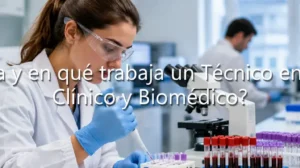 Técnica en laboratorio clínico y biomédico usando una pipeta con tubos de ensayo y equipamiento científico.