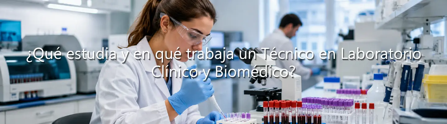 Técnica en laboratorio clínico y biomédico usando una pipeta con tubos de ensayo y equipamiento científico.