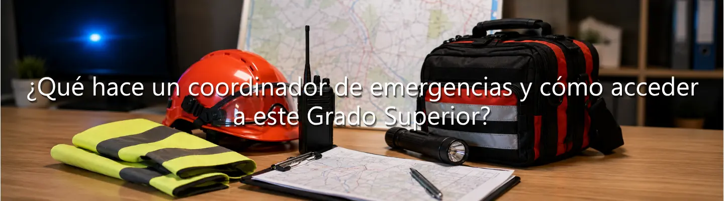 Material de emergencias en mesa con texto sobre qué hace un coordinador de emergencias y acceso al Grado Superior.