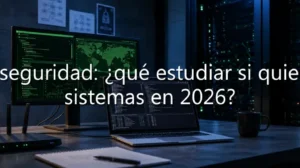 Escritorio con pantallas mostrando código y redes, junto al texto sobre qué estudiar entre ASIR o ciberseguridad en 2026.
