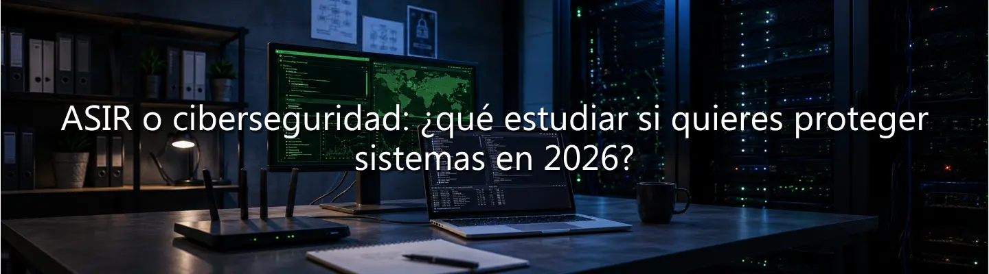 Escritorio con pantallas mostrando código y redes, junto al texto sobre qué estudiar entre ASIR o ciberseguridad en 2026.