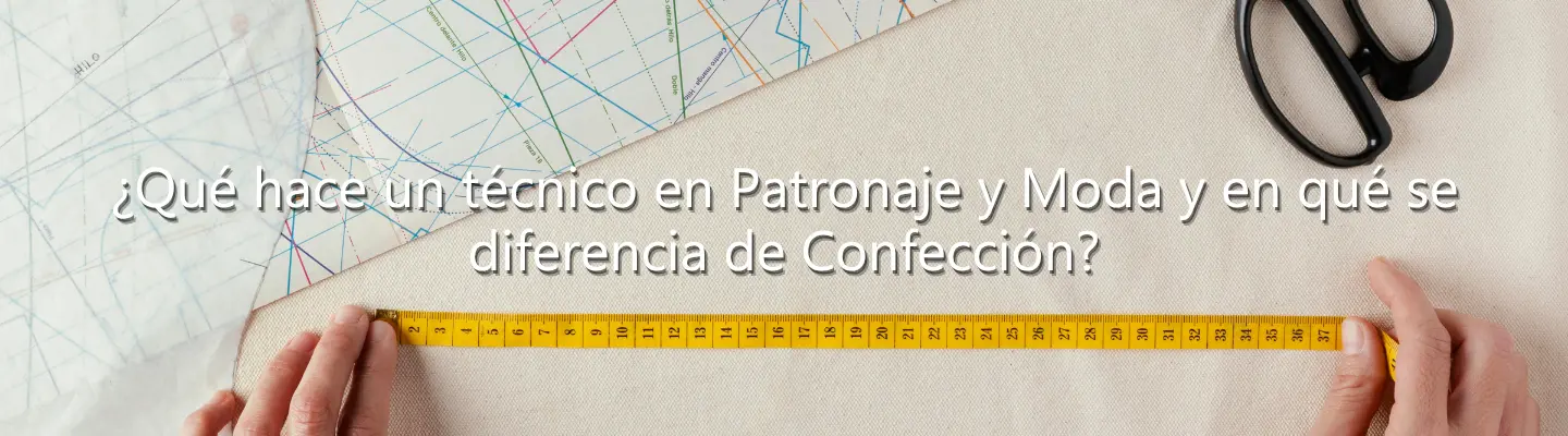 Manos midiendo tela con cinta amarilla junto a patrones y tijeras, ilustrando el patronaje y confección.