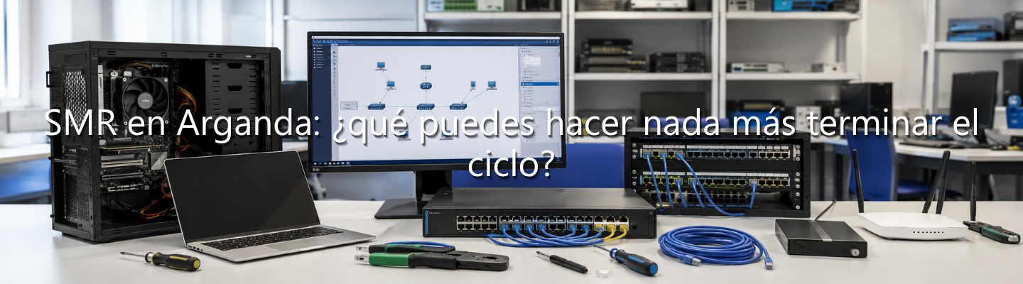 Mesa de trabajo con un ordenador abierto, monitor con esquema de red, switches, cables y herramientas informáticas, con el texto superpuesto: "SMR en Arganda: ¿qué puedes hacer nada más terminar el ciclo?".