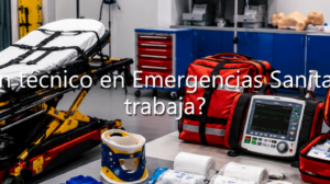 Aula de simulación con camilla, botiquines, monitor desfibrilador, oxígeno y material médico, con el texto superpuesto: "¿Qué hace un técnico en Emergencias Sanitarias y dónde trabaja?".