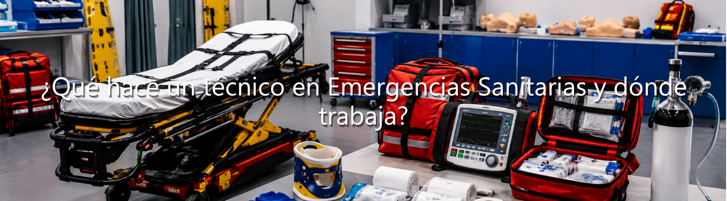 Aula de simulación con camilla, botiquines, monitor desfibrilador, oxígeno y material médico, con el texto superpuesto: "¿Qué hace un técnico en Emergencias Sanitarias y dónde trabaja?".