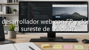 Escritorio de un programador con un portátil y un monitor grande mostrando código y diseño web, con el texto superpuesto: "¿Qué hace un desarrollador web con FP y dónde trabaja en el sureste de Madrid?".