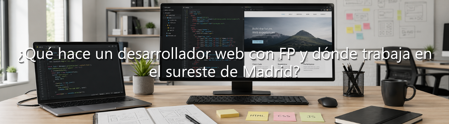 Escritorio de un programador con un portátil y un monitor grande mostrando código y diseño web, con el texto superpuesto: "¿Qué hace un desarrollador web con FP y dónde trabaja en el sureste de Madrid?".