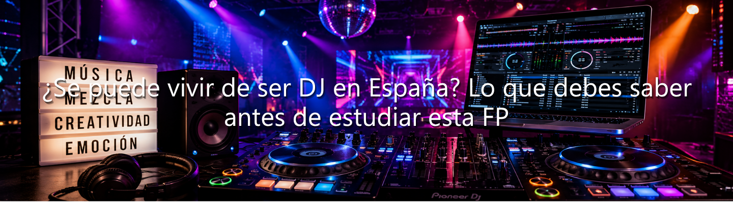 Mesa de mezclas profesional iluminada en una discoteca con un cartel que dice 'Música, Mezcla, Creatividad, Emoción', con el texto superpuesto: "¿Se puede vivir de ser DJ en España? Lo que debes saber antes de estudiar esta FP".