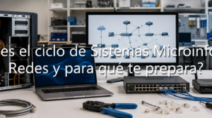 Mesa de taller informático con un PC abierto, monitor con esquema de red, cables y herramientas, con el texto superpuesto: "SMR: ¿qué es el ciclo de Sistemas Microinformáticos y Redes y para qué te prepara?".