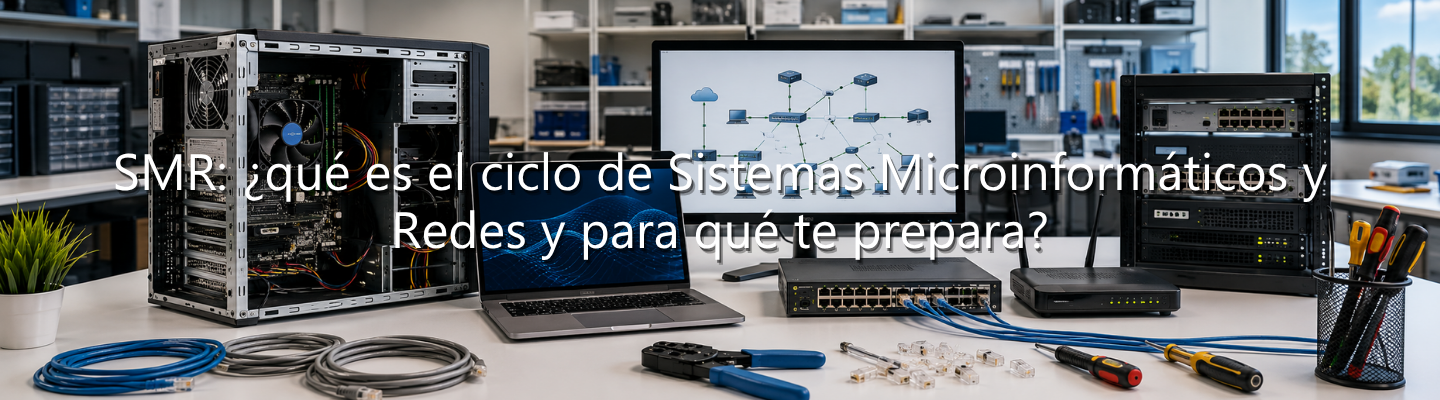 Mesa de taller informático con un PC abierto, monitor con esquema de red, cables y herramientas, con el texto superpuesto: "SMR: ¿qué es el ciclo de Sistemas Microinformáticos y Redes y para qué te prepara?".