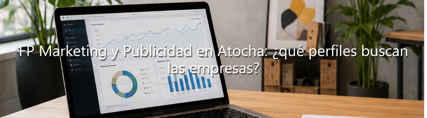 Escritorio de trabajo creativo con portátil mostrando gráficas, tablet, cámara y paletas de color, con el texto superpuesto: "FP Marketing y Publicidad en Atocha: ¿qué perfiles buscan las empresas?".