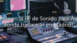 Mesa de mezclas, micrófono y monitores en un estudio profesional para la FP de Sonido para Audiovisuales en Madrid.
