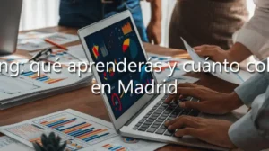 Estudiantes de FP de marketing analizando gráficos de datos en un portátil y documentos impresos sobre un escritorio.